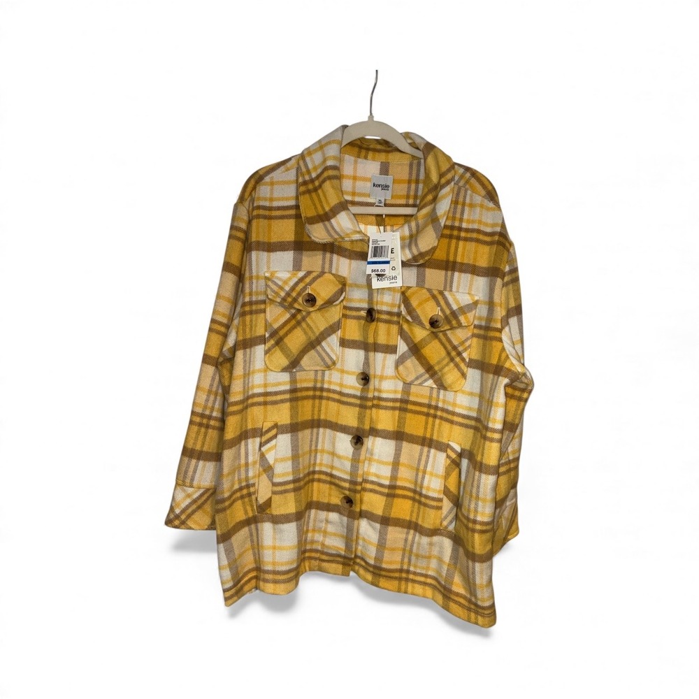Kensie Jeans Women XL Yellow Plaid‎ Shacket Shirt Jacket Button Up Warm Casual